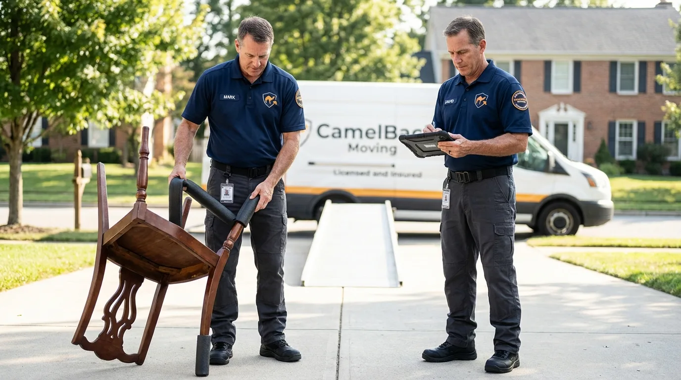 Movers inspecting furniture for damage prevention before loading in Los Banos, CA