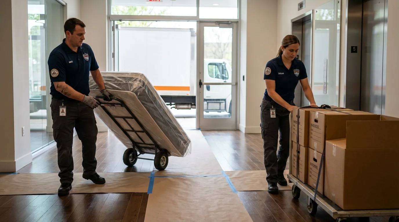 Professional apartment movers loading elevator in Los Banos, CA