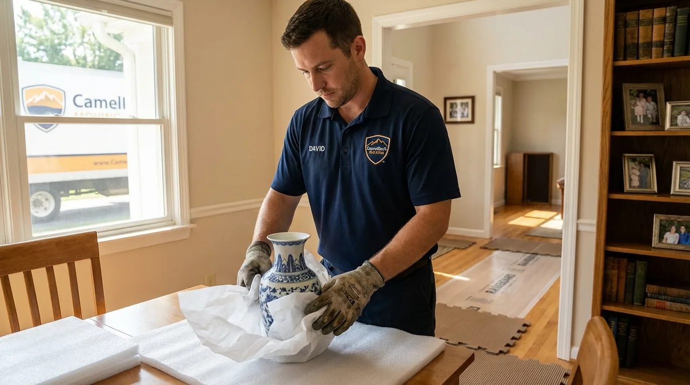 Professional crew carefully wrapping antique vase for senior downsizing move in Los Banos, CA